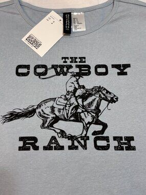 H&M Divided The Cowboy Ranch Graphic Crop Top Blue Size Small NWT Western Baby T